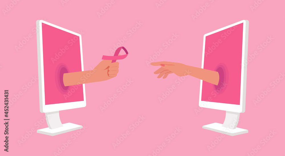 breast cancer awareness support concept, human hand giving pink ribbon to other hand via online on computer screen, vector flat illustration