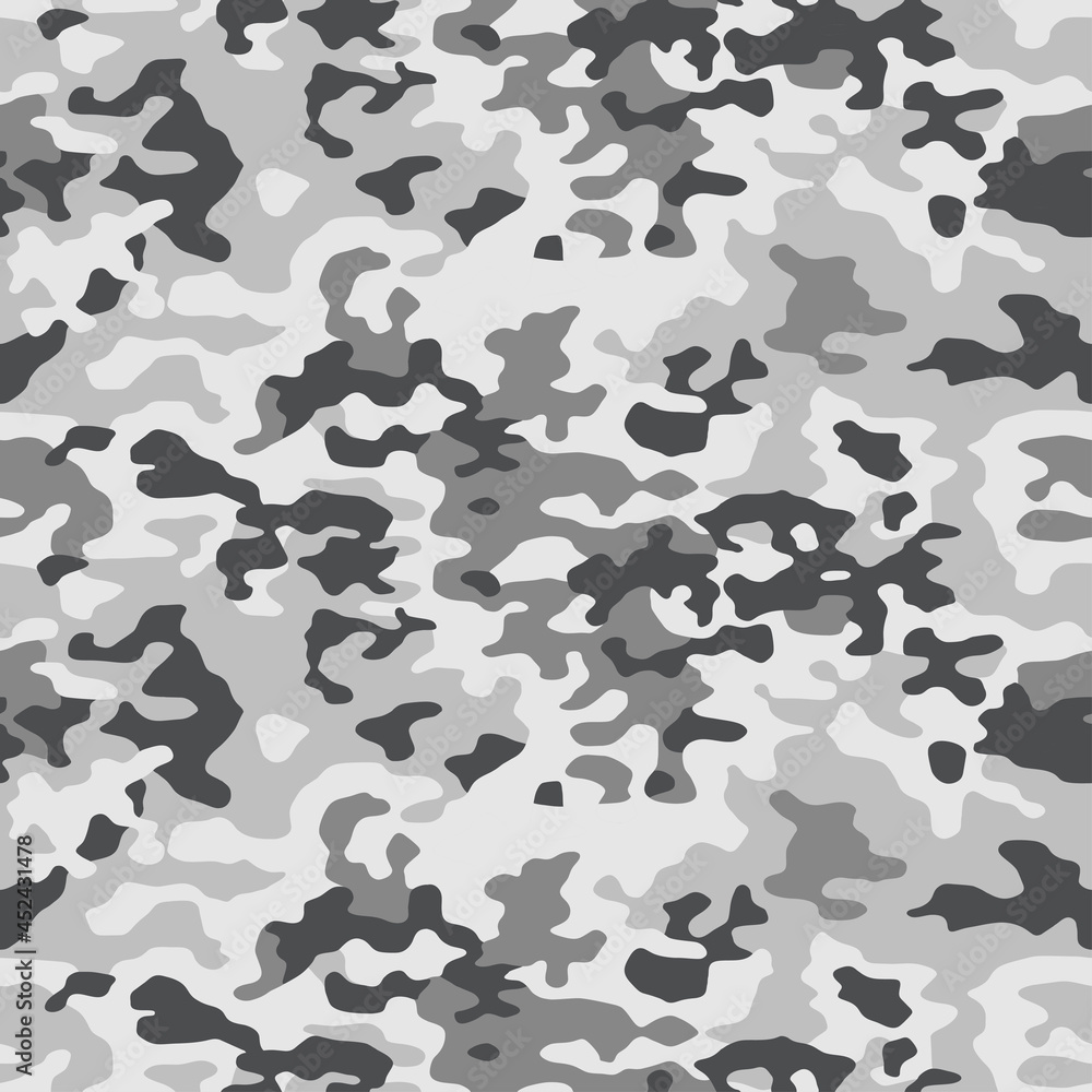 Camouflage pattern background seamless vector illustration. Splashes  masking camo repeat print. Grey black and white. Stock Vector