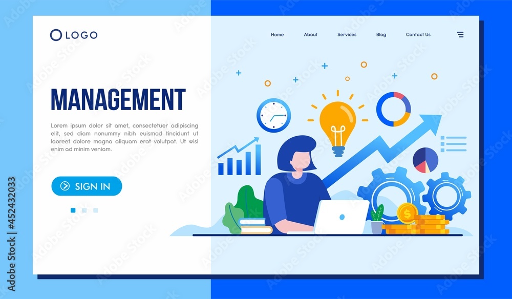 business management, strategy, women with laptop, working, landing page flat illustration vector template