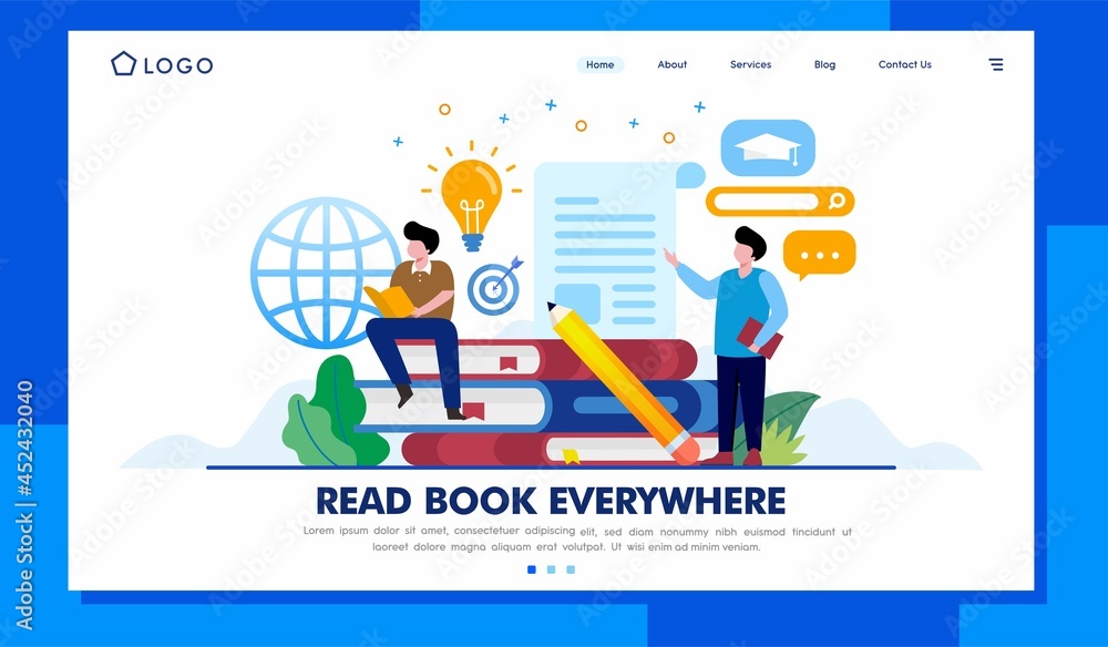 read book online, read book everywhere, e-book, library, hobby, study concept, landing page flat illustration vector read book online, read book everywhere, e-book, library, hobby, study concept, landing page flat illustration vector