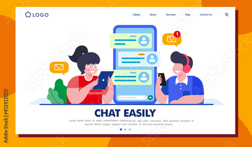 chat easily, easy connected, social media, smartphone, chatbox, landing page flat illustration vector