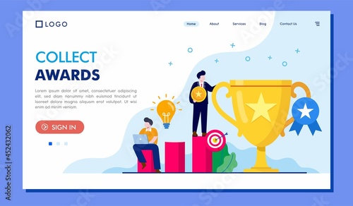collect award concept, business achievement, target, work appreciation, reward, landing page flat illustration template