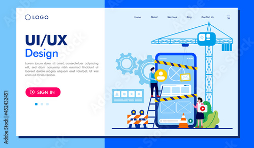 ui ux designer, programmer with computer, software developer, landing page flat illustration vector