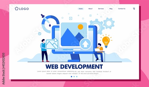 Web development. programming languages. css, html, it, ui. programmer cartoon character developing website, coding. flat illustration banner