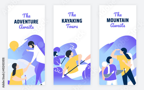 Sport rest day vector brochure cards set. Tourism on nature template of flyear, magazines, poster, book cover, banners. Active lifestyle invitation concept background. Layout illustration modern page