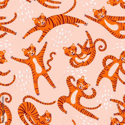 Fototapeta Naklejka Na Ścianę i Meble -  Vector seamless pattern with cute tigers in movements. Colorful background on the theme of wild nature and animals