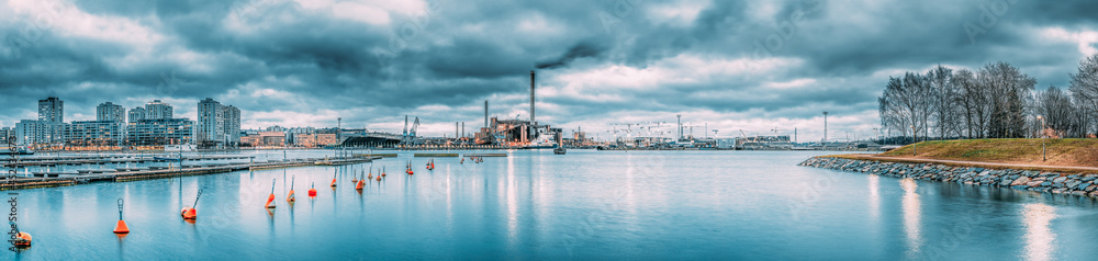 Helsinki, Finland. Panoramic Evening View Of Houses In Merihaka District, Industrial Zone Of Hanasaari Power Plant And Part Of Tervasaari Island Helsinki, Finland. Panoramic Evening View Of Houses In Merihaka District, Industrial Zone Of Hanasaari Power Plant And Part Of Tervasaari Island