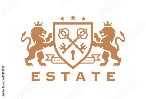 Luxury Lion key estate logo. Elegant heraldic shield crest icon. Premium coat of arms symbol. Royal heraldry emblem. Vector illustration.