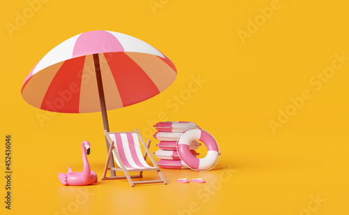 summer sea beach with beach chair,umbrella,Inflatable flamingo,pile of stacked lifebuoy,sandals isolated on orange background.summer travel concept,3d illustration or 3d render