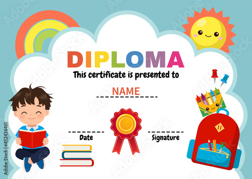 Cute diploma template for school boy. Flat vector cartoon style