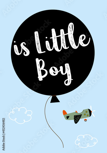 is a little boy new born baby annoucement card with balloon and airplane cartoon vector