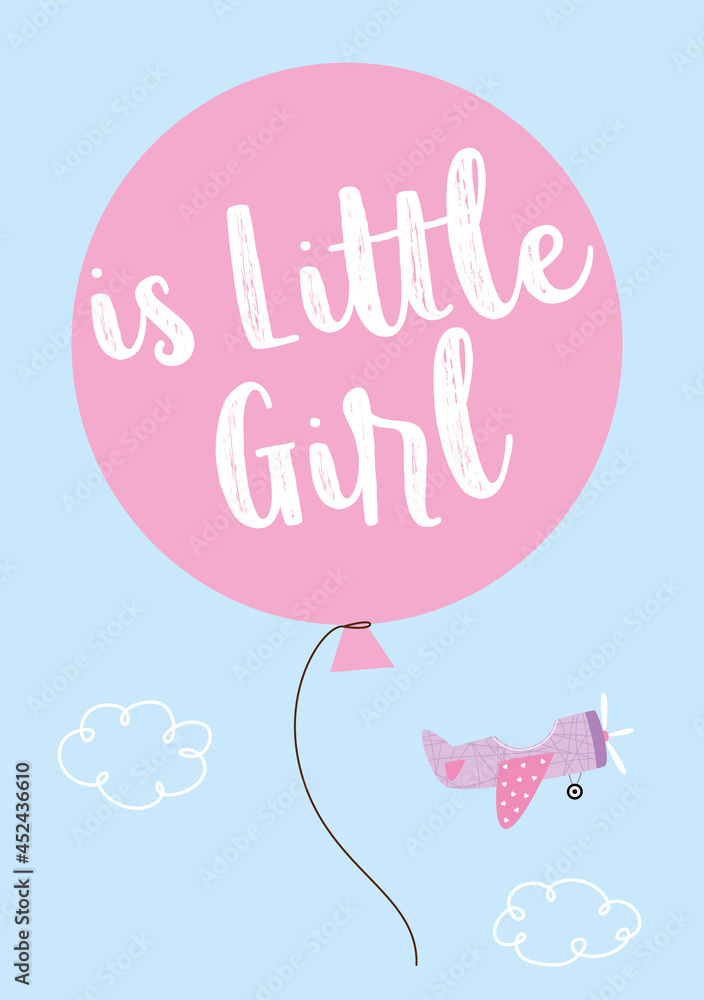 is a little girl new born baby annoucement card with balloon and airplane cartoon vector is a little girl new born baby annoucement card with balloon and airplane cartoon vector