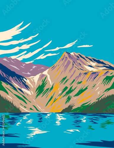 Art Deco or WPA poster of Ecrins National Park in the Dauphine Alps south of Grenoble and north of Gap in Isere and Hautes-Alpes south-eastern France done in works project administration style. photo