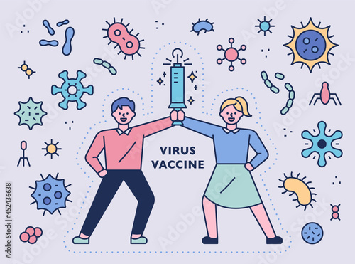 Man and woman characters holding vaccine syringes to prevent virus. There are germs around.