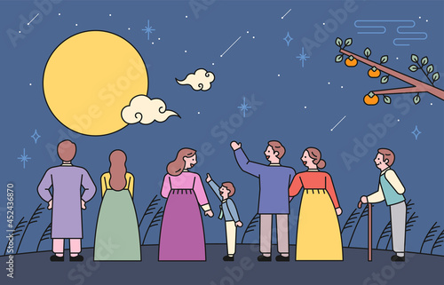 Korean traditional holiday. People in hanbok are looking at the full moon. vector design illustrations.