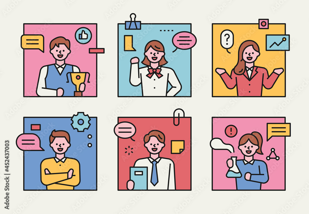 Student characters doing various gestures in a square frame. Student characters doing various gestures in a square frame.