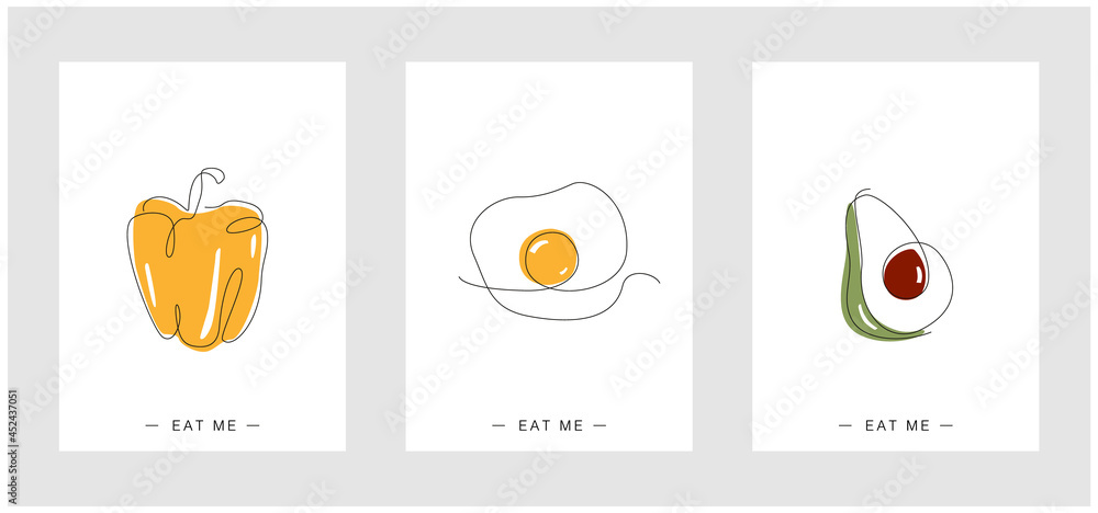 One line poster Set. Continuous line food. Paprika Eggs and sunny side up in minimalistic design. avocado line art. Cafe collection. design vector. For Menu and posters. For restaurants. for kitchen