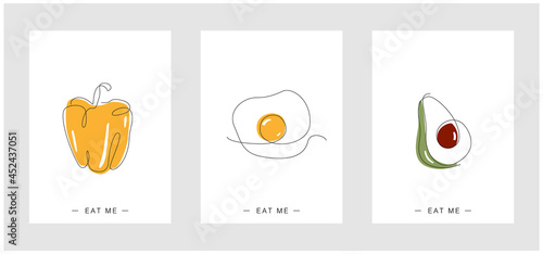 One line poster Set. Continuous line food. Paprika Eggs and sunny side up in minimalistic design. avocado line art. Cafe collection. design vector. For Menu and posters. For restaurants. for kitchen