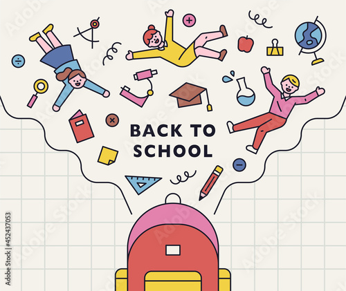 Cute kids and education icons popping out of school bags.