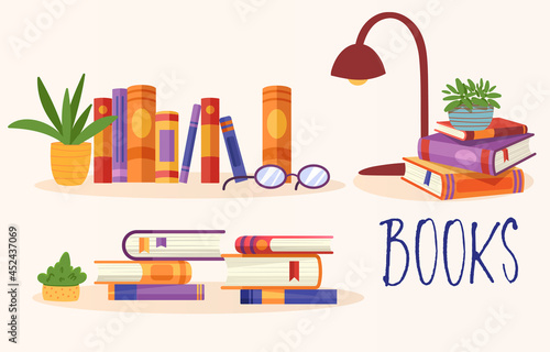 Books on table. Clutter in workplace. Lots of tutorials and lamp. Pictures for children. Graphic elements for websites. Distance learning. Flat vector illustration isolated on beige background