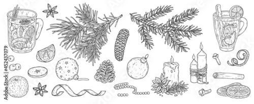 Vector set of mulled wine ingredients and holiday decorations to christmas.