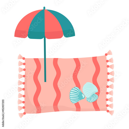 Beach Umbrella, Seashells isolated on white. Summer items  clip art. Trendy vector flat icons. Design for web and print
