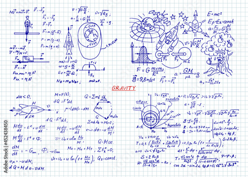The law of force of gravity. Physical equations, formulas and schemes on workbook. Vector hand-drawn illustration. Vintage scientific and educational background.