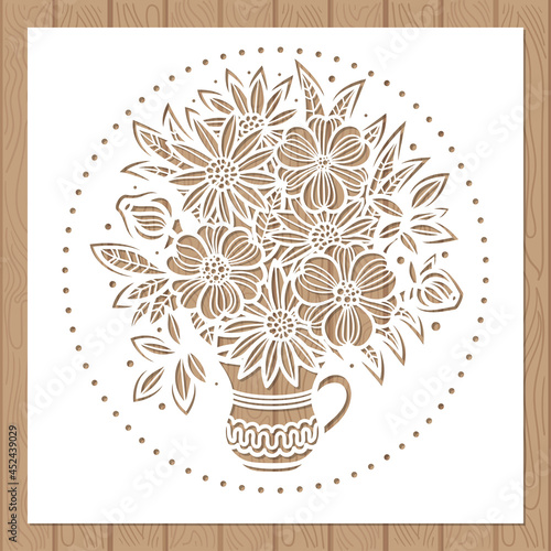 Laser cutting template. A bouquet of flowers in a vase. Vector photo