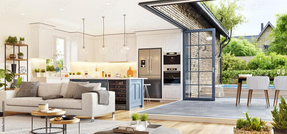 Modern open plan living room with beautiful kitchen. Cozy patio area ...