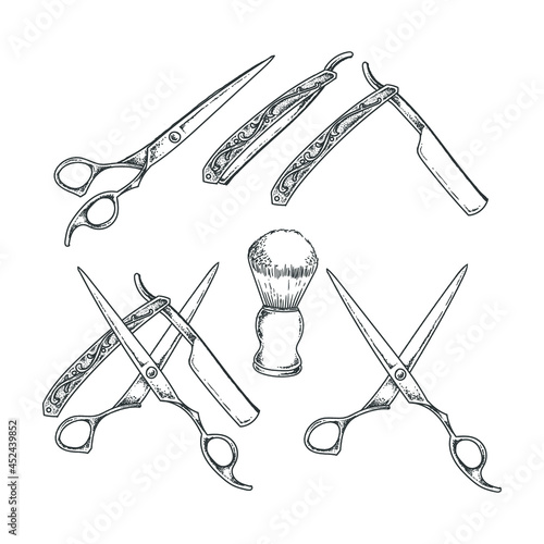 barber scissors and razor hand drawing vector