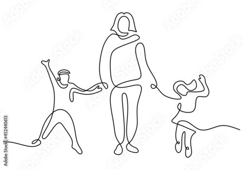 Happy mom with her two children in continuous line art drawing style. Young mother holding her children and walking together isolated on white background. Family concept. Vector illustration