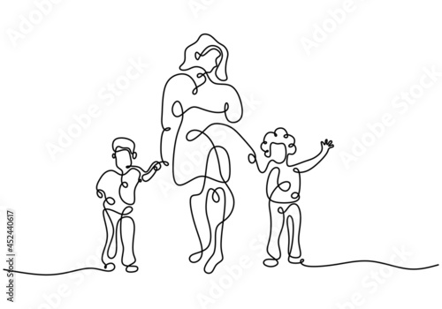 Happy mom with her two children in continuous line art drawing style. Young mother holding her children and walking together isolated on white background. Family concept. Vector illustration