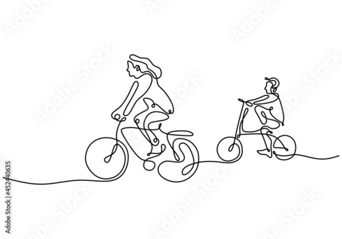 One continuous line drawing of mother riding bicycle with her child at countryside together. Character of a woman with her son riding a bicycle. Parenting concept. Vector illustration