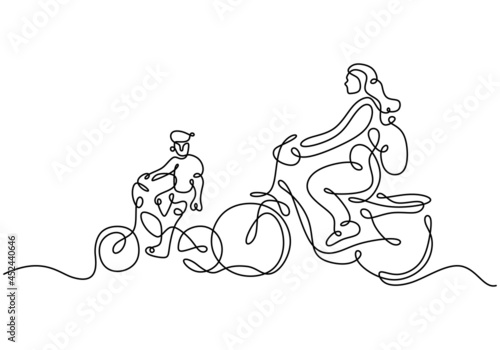 One continuous line drawing of mother riding bicycle with her child at countryside together. Character of a woman with her son riding a bicycle. Parenting concept. Vector illustration