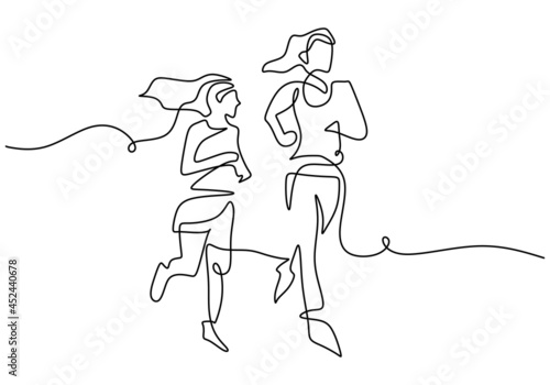 Continuous line drawing of young mother run together with her teenager girl in the morning. Happy mom and daughter doing exercise at the field park. Family loving care concept. Vector illustration