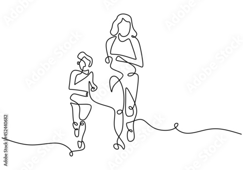 Continuous line drawing of young mother run together with her little son in the morning. Happy mom and son doing exercise at the field park. Family loving care concept. Vector illustration
