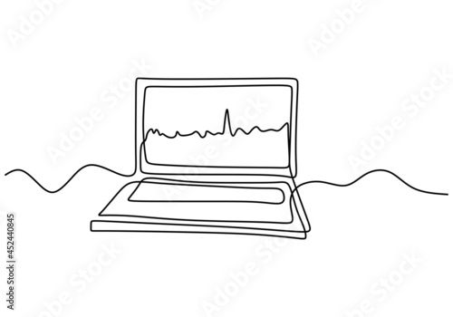 Graph growth indicators on laptop screen in one continuous line hand drawn art minimalism style. The concept is the growth of stock finance isolated on white background. Vector illustration