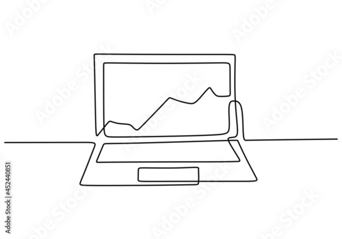 Graph growth indicators on laptop screen in one continuous line hand drawn art minimalism style. The concept is the growth of stock finance isolated on white background. Vector illustration