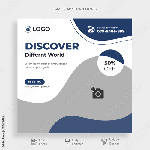 Travel Social Media Banner Template, Tour and Travel Social Media Post Template, Travel vacation tourism web banner