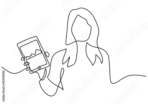 Continuous one line drawing of young girl holding touchpad pc and showing the stock market. Growth finance graph isolated on white background. Young woman business investor. Vector illustration