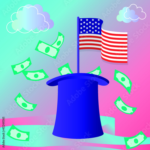 USA flag sticking out of a top hat with a bunch of money around flying out of there. The wealth of the USA is on the stock exchange in funds and banks.