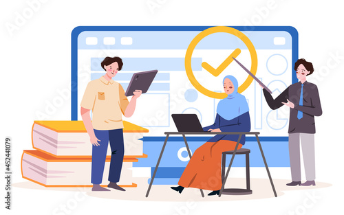 the man is standing to explain consensus or some general agreement, the woman is sitting in front of laptop write it, someone as a guidance