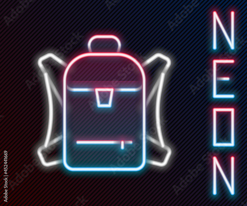 Glowing neon line Hiking backpack icon isolated on black background. Camping and mountain exploring backpack. Colorful outline concept. Vector