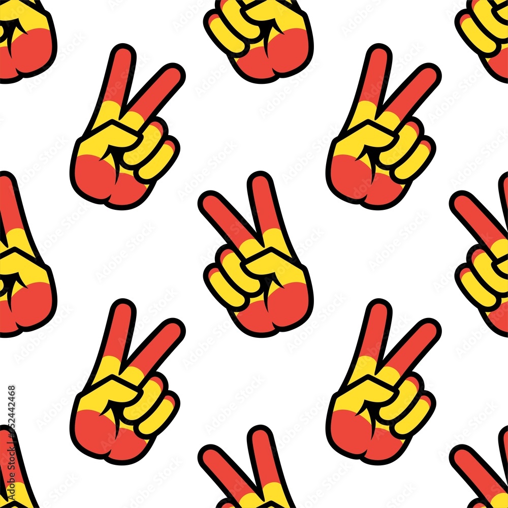 Spain flag in the form of a peace sign. Seamless background. Gesture V victory sign, patriotic sign, icon for apps, websites, T-shirts, souvenirs, etc., isolated on white background Spain flag in the form of a peace sign. Seamless background. Gesture V victory sign, patriotic sign, icon for apps, websites, T-shirts, souvenirs, etc., isolated on white background