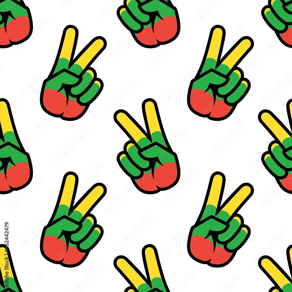 Fototapeta premium Lithuania flag in the form of a peace sign. Seamless background. Gesture V victory sign, patriotic sign, icon for apps, websites, T-shirts, souvenirs, etc., isolated on white background