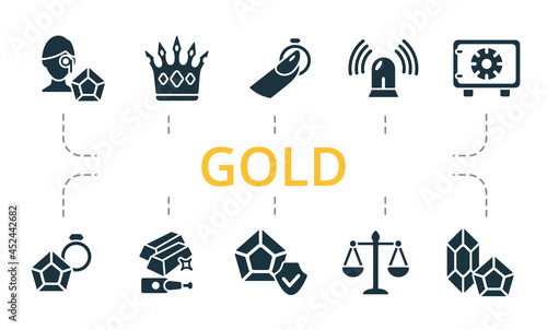 Gold icon set. Contains editable icons theme such as jeweler, signaling, ring fitting and more.
