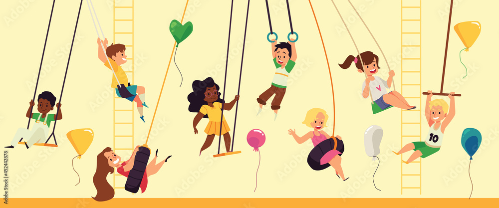 Obraz premium Banner with children on playground rocking on swings, flat vector illustration.