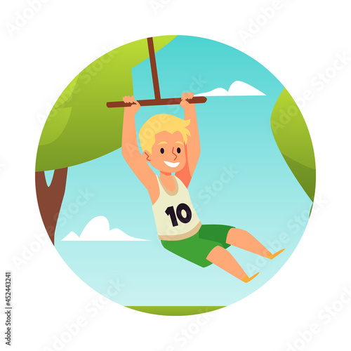 Boy is swinging on a bungee in summer park in afternoon in flat style
