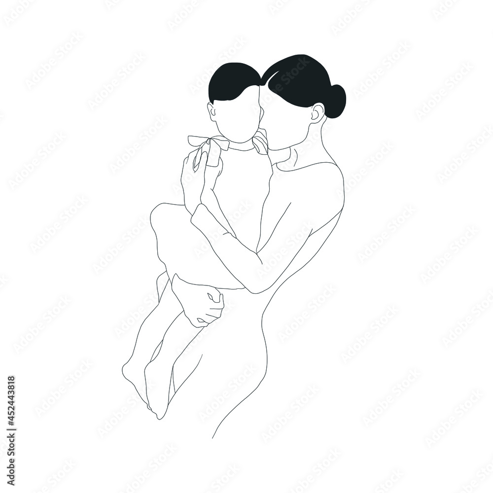 Naklejka premium Mom with child. Woman holds baby in her arms. Happy parenting. Family portrait. Hand drawn graphic art. 