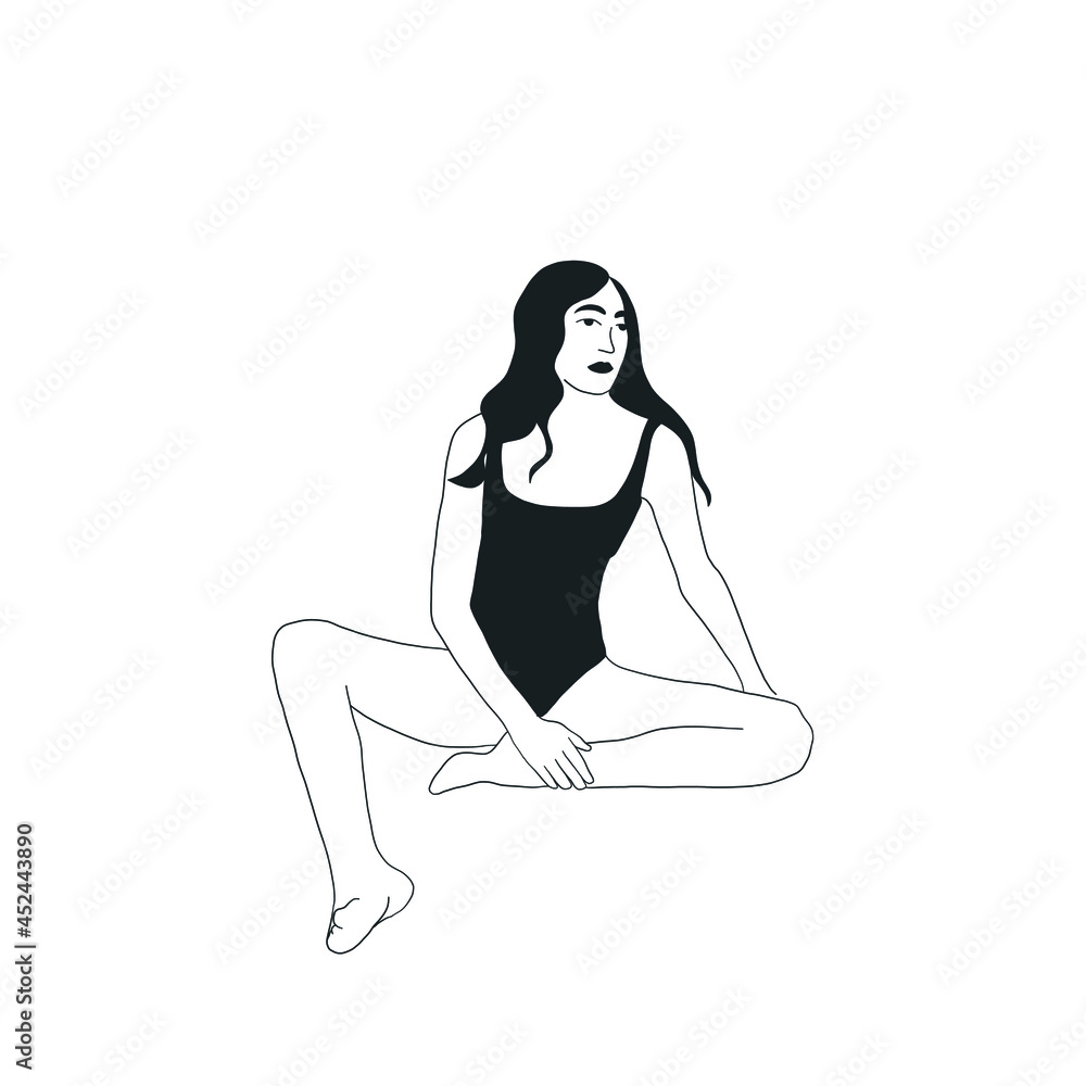 Sexy woman in black underwear or swimsuit hand drawn in graphic style. Isolated female figure. Vector design for logo. Yoga, beauty salon, fitness Sexy woman in black underwear or swimsuit hand drawn in graphic style. Isolated female figure. Vector design for logo. Yoga, beauty salon, fitness